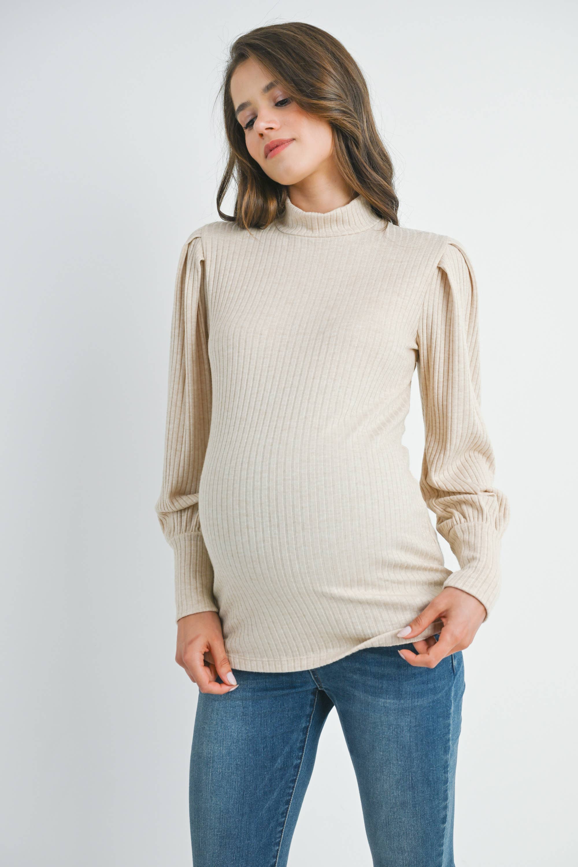 Ribbed Mock Neck Puff Sleeve Maternity Top