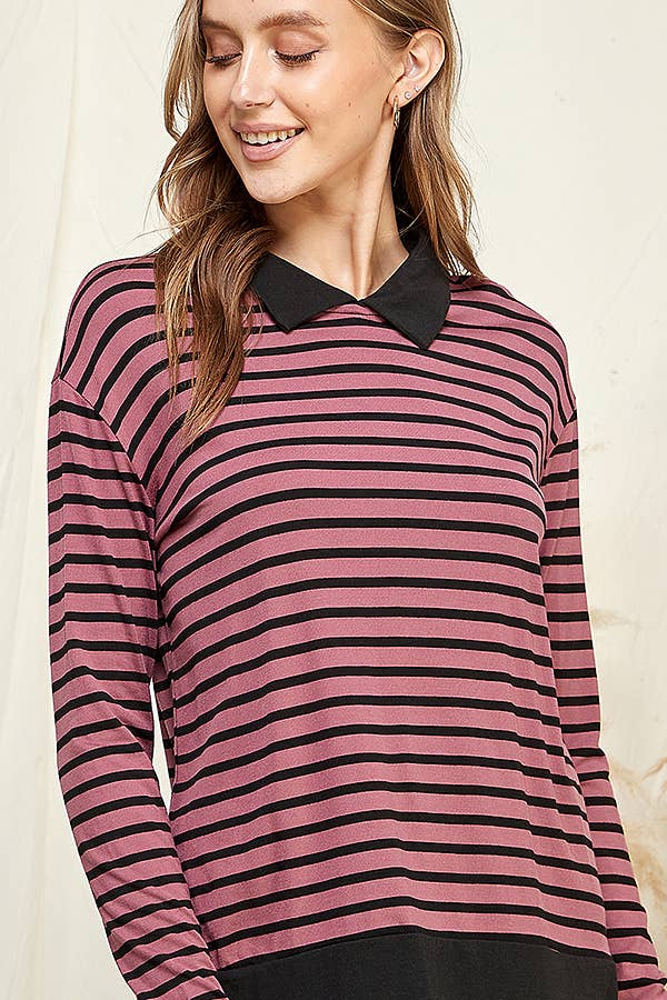 CAY1242LS - STRIPE SWEATSHIRT TOP WITH COLLAR