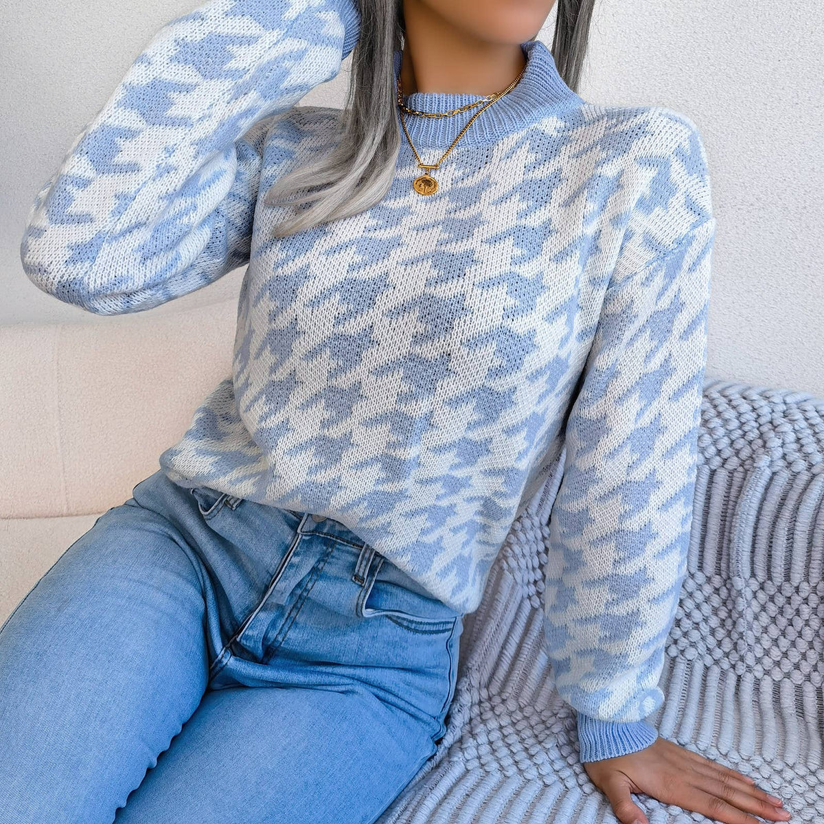 Casual houndstooth pullover knit sweater