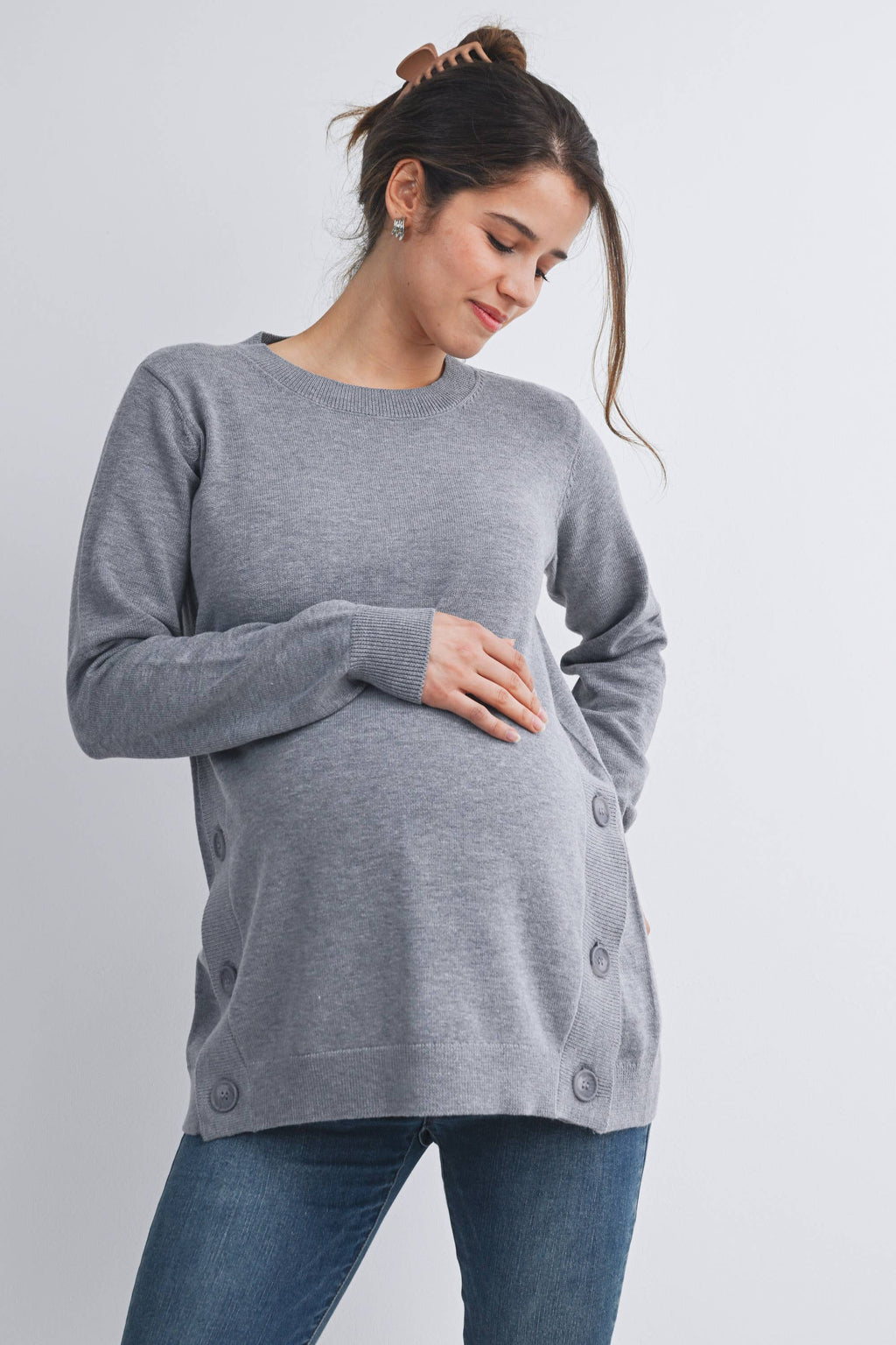 Button Side Maternity Nursing Pullover Sweater