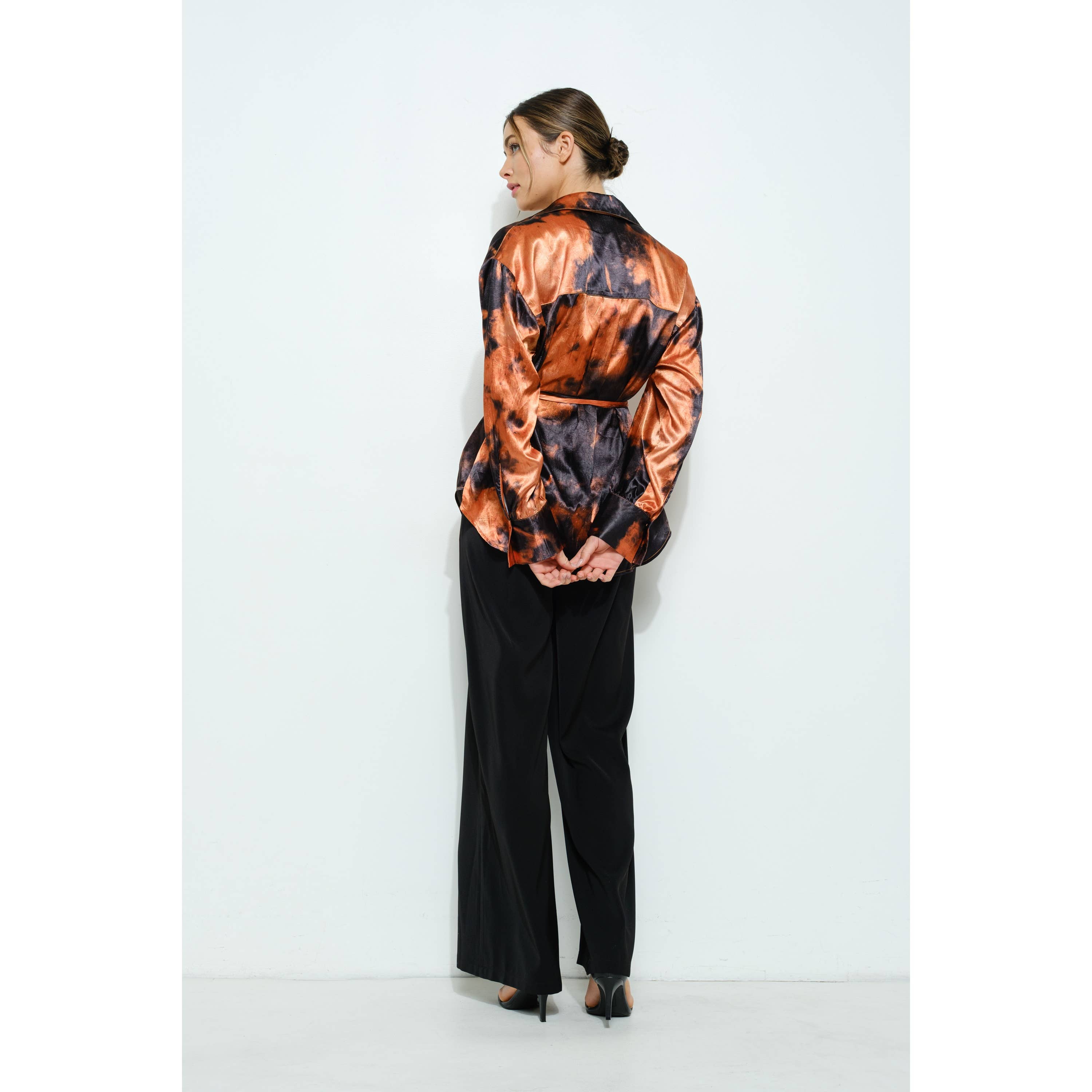 Long Sleeve Tie Dye Print Wrap Detail Blouse Top