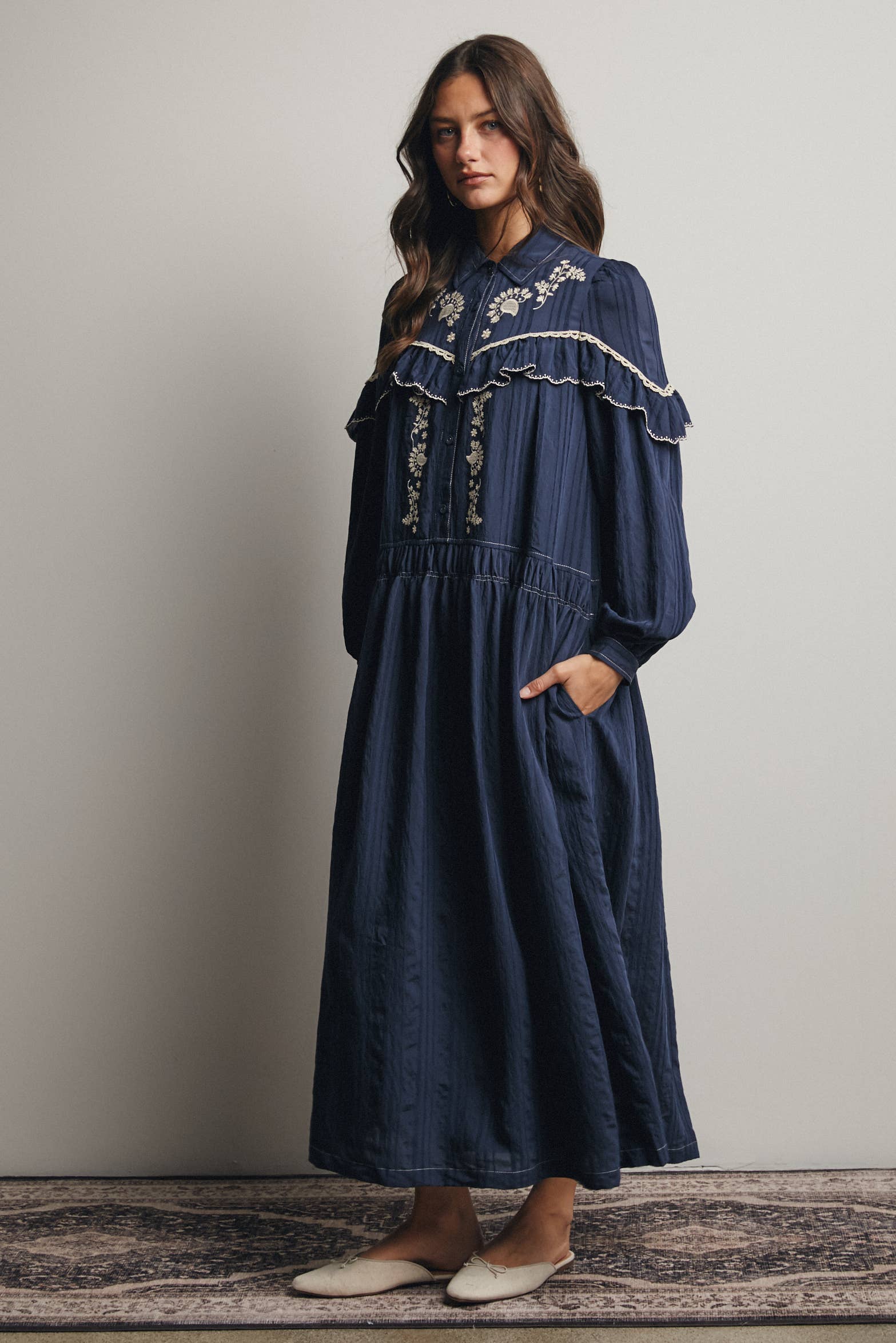 Embroidered Ruffle Trim Maxi Dress FD0018