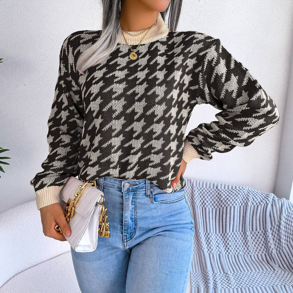 Casual houndstooth pullover knit sweater