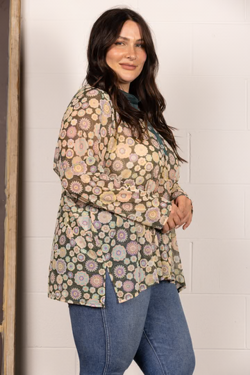 BROWN MANDARIN COLLAR FLORAL PRINT PLUS SIZE TOP T7538