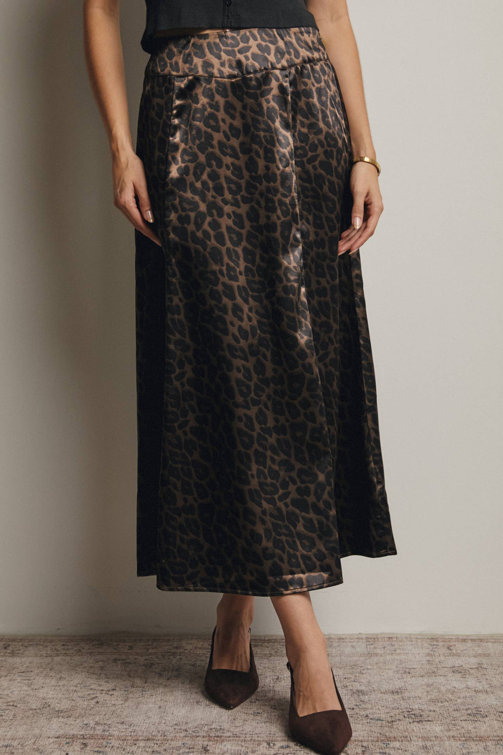 Leopard Print Satin Midi Skirt