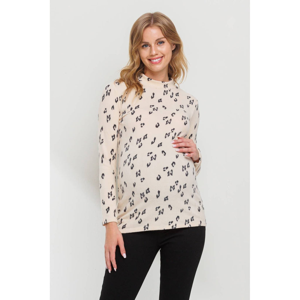 Animal Print Mock Neck Long Sleeve Maternity Top