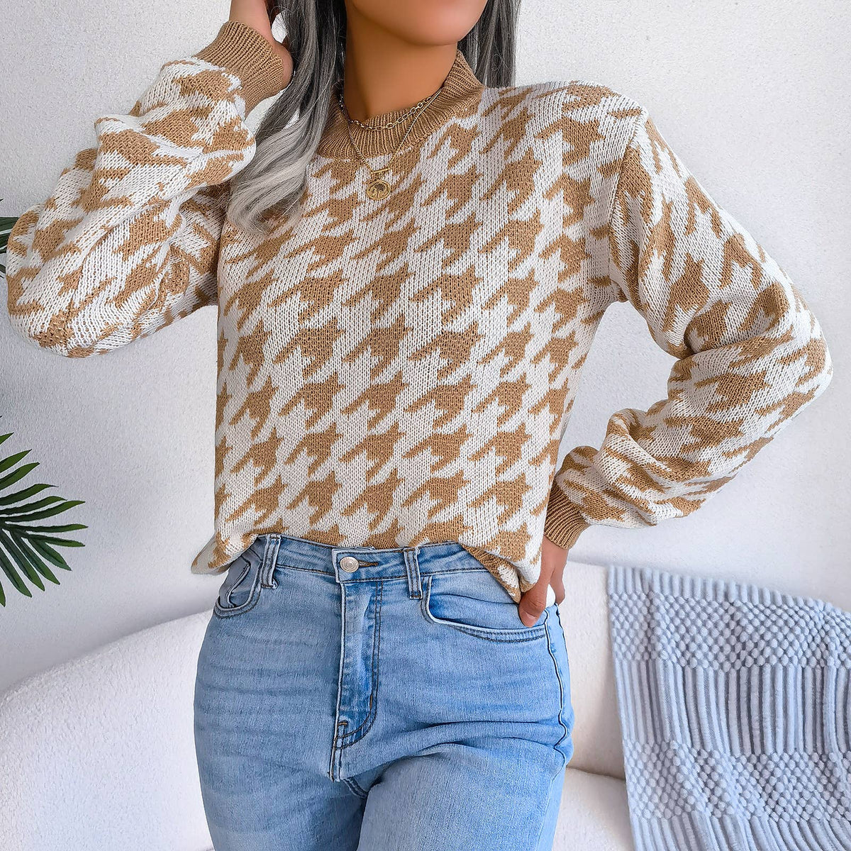 Casual houndstooth pullover knit sweater