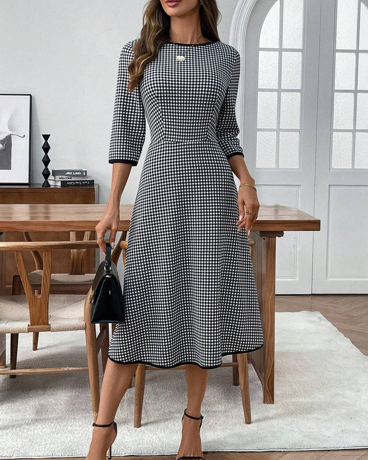 Casual Plaid Dress Elegant Mid Sleeve Slim Dress