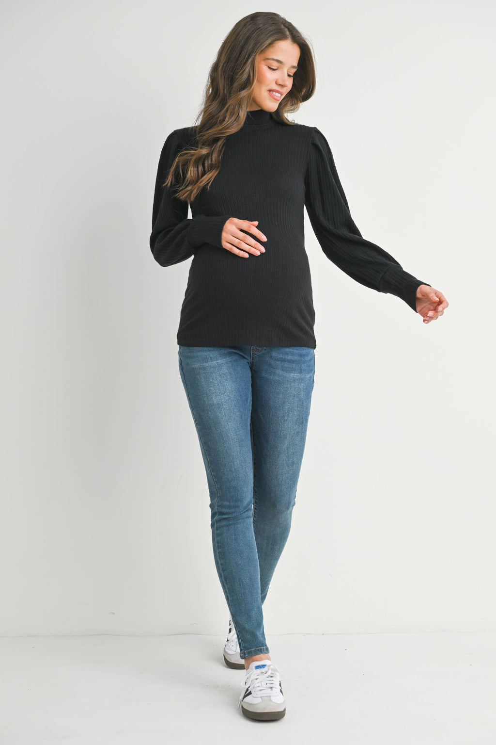 Ribbed Mock Neck Puff Sleeve Maternity Top