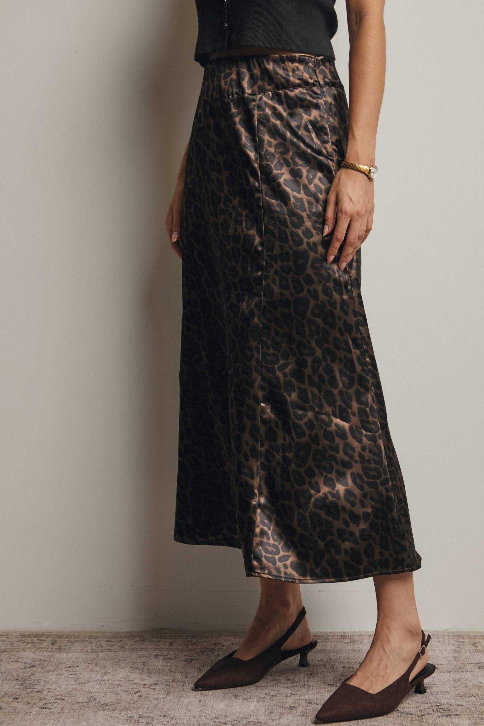 Leopard Print Satin Midi Skirt