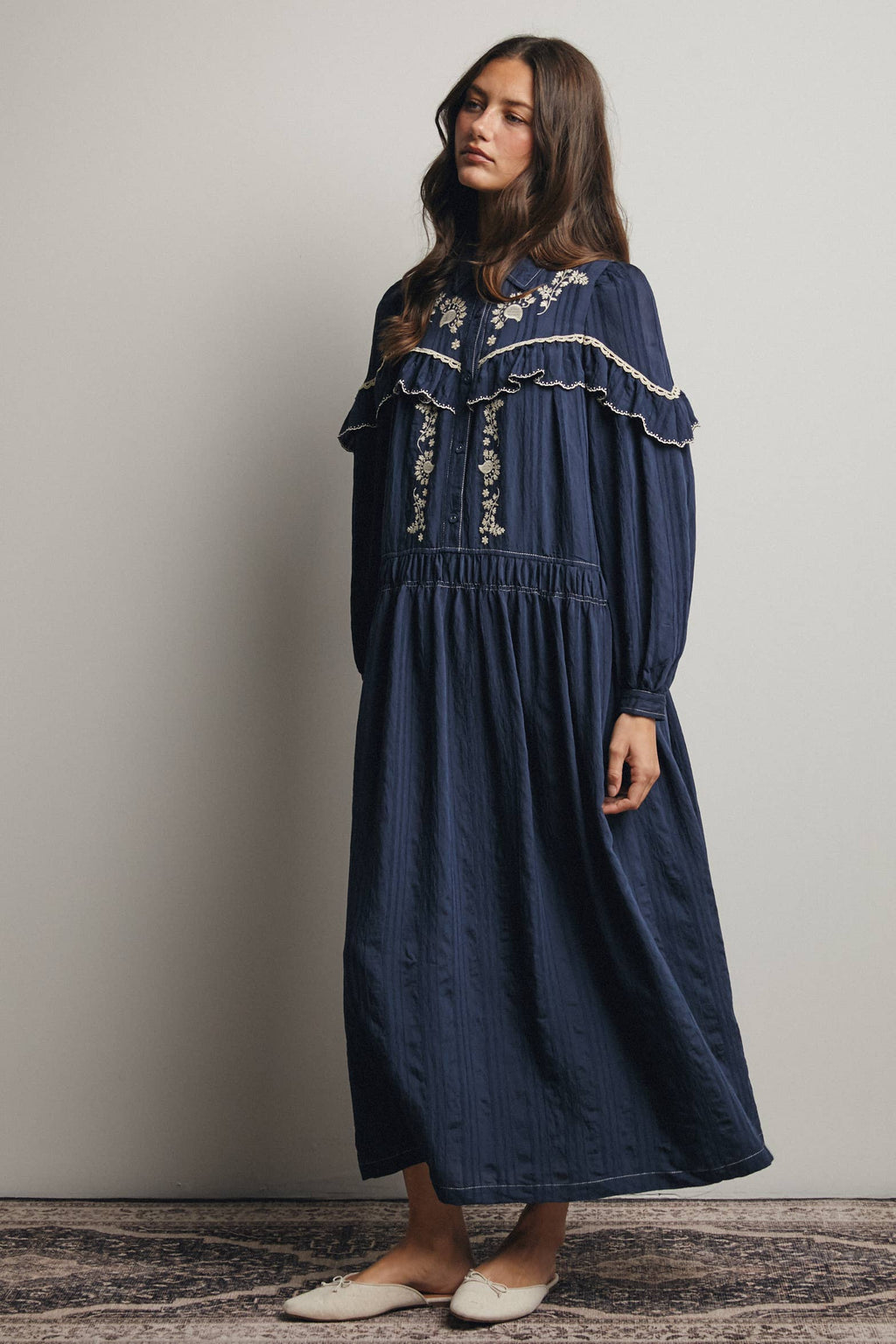 Embroidered Ruffle Trim Maxi Dress FD0018