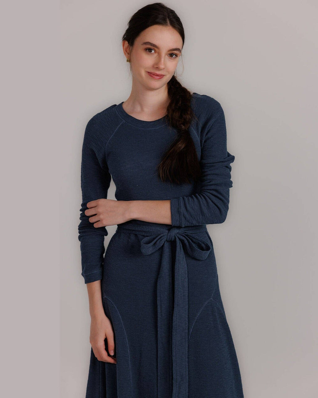 Destination Long Sleeve Midi Length Navy Knit Dress