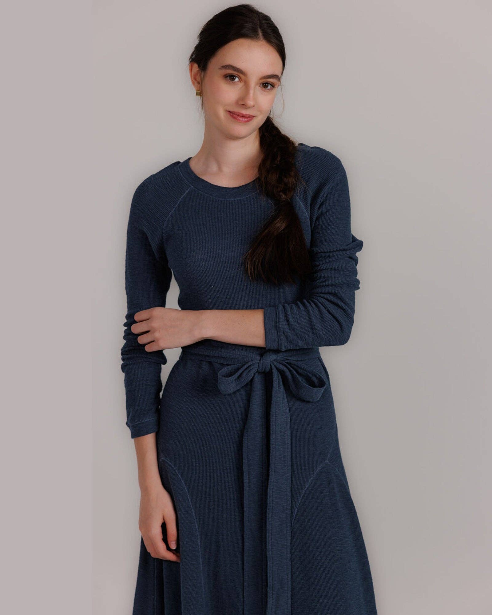Destination Long Sleeve Midi Length Navy Knit Dress
