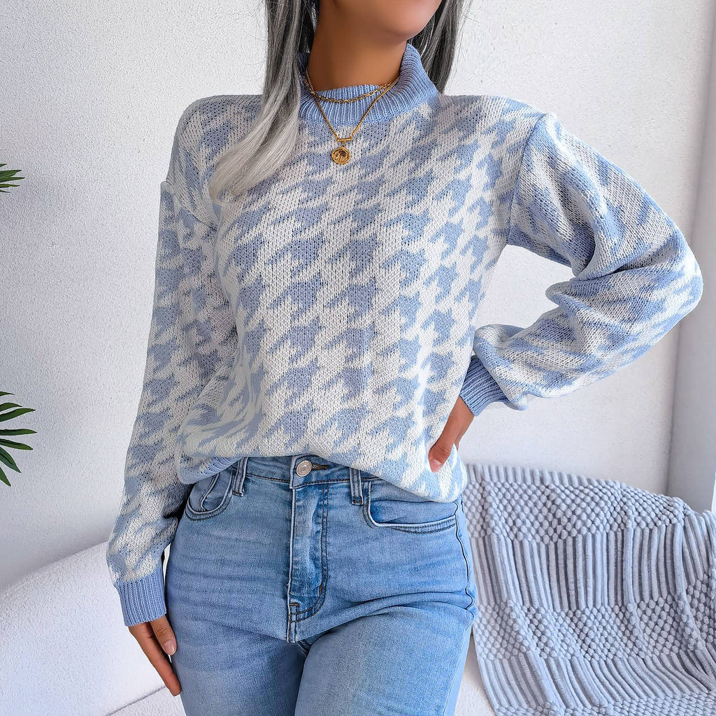 Casual houndstooth pullover knit sweater