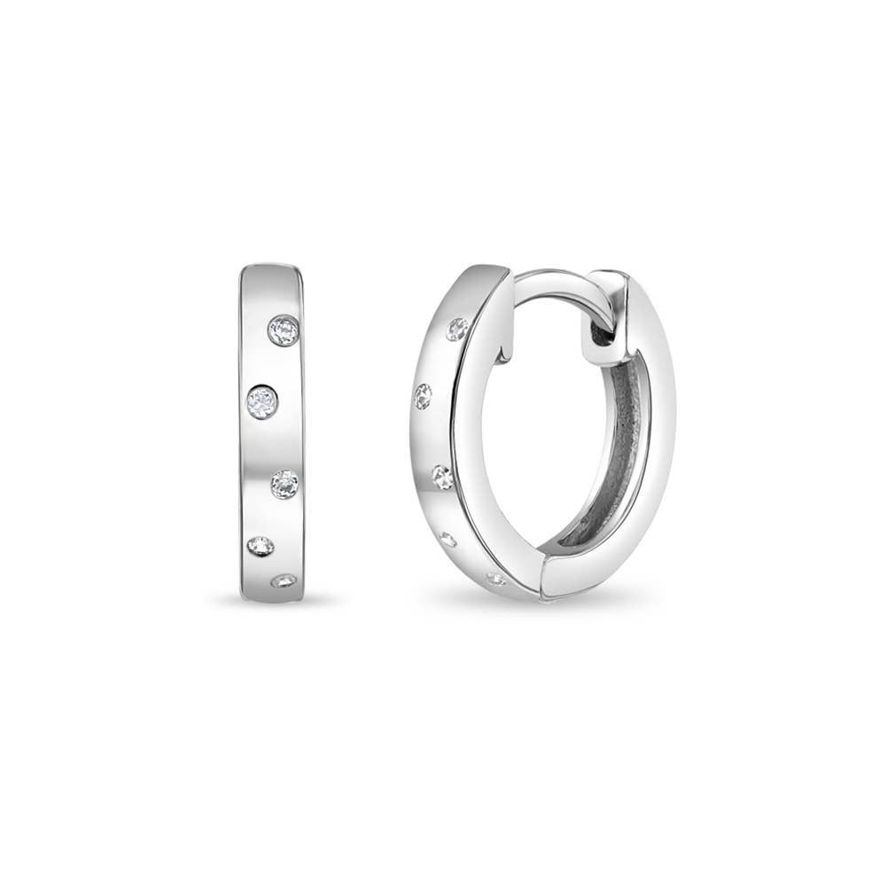 Staggered CZ Gems 9mm Girls Earrings Hoop - Sterling Silver