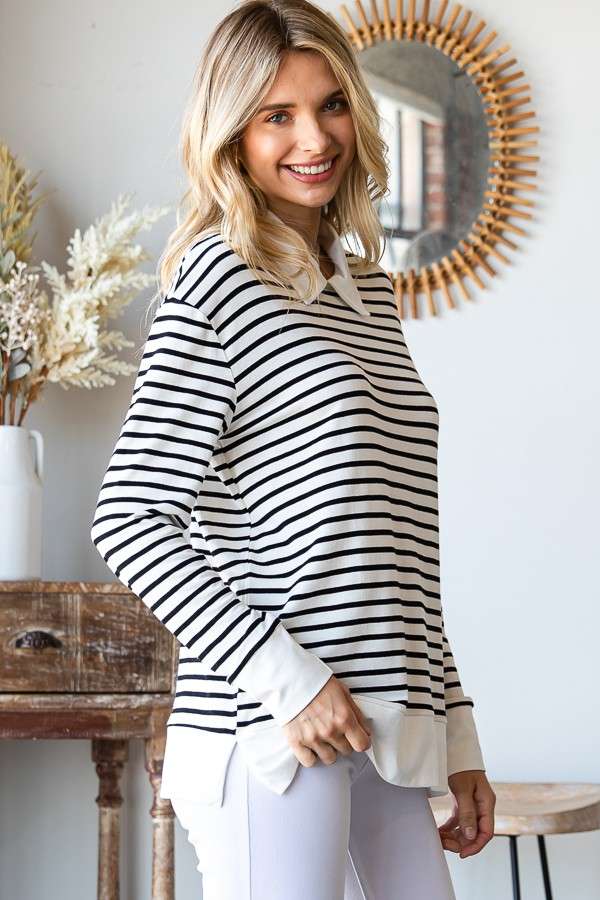 CAY1242LS - STRIPE SWEATSHIRT TOP WITH COLLAR