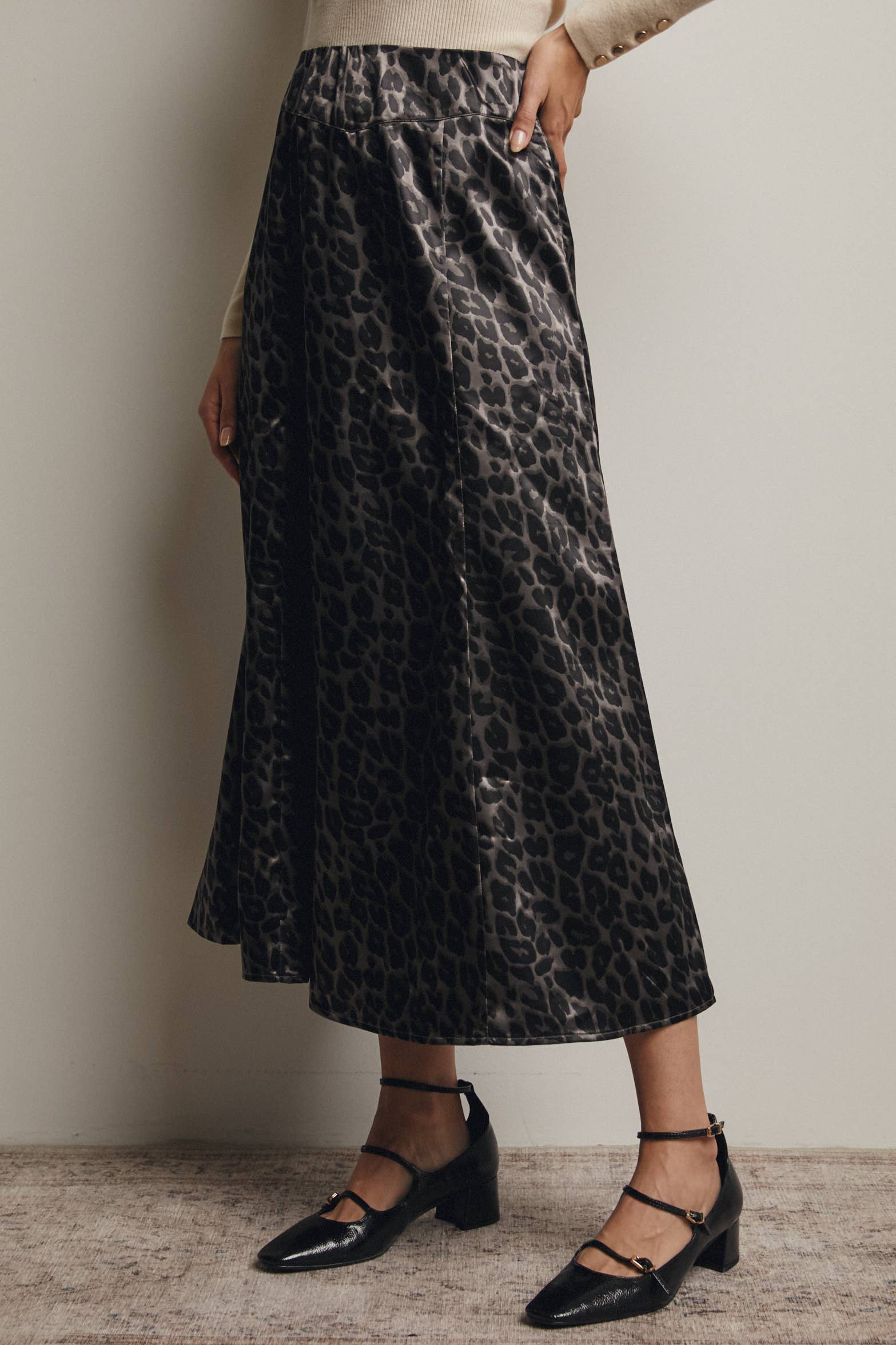 Leopard Print Satin Midi Skirt