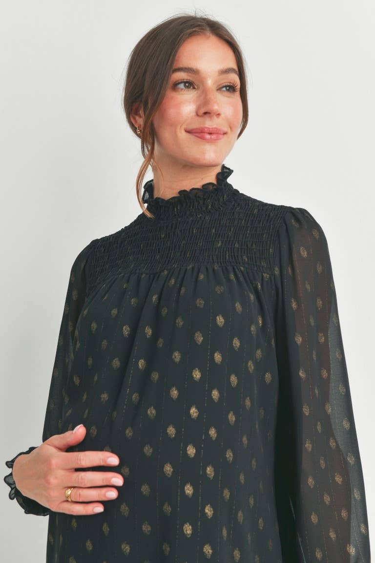 Smocked Mock Neck Polka Dot Maternity Top