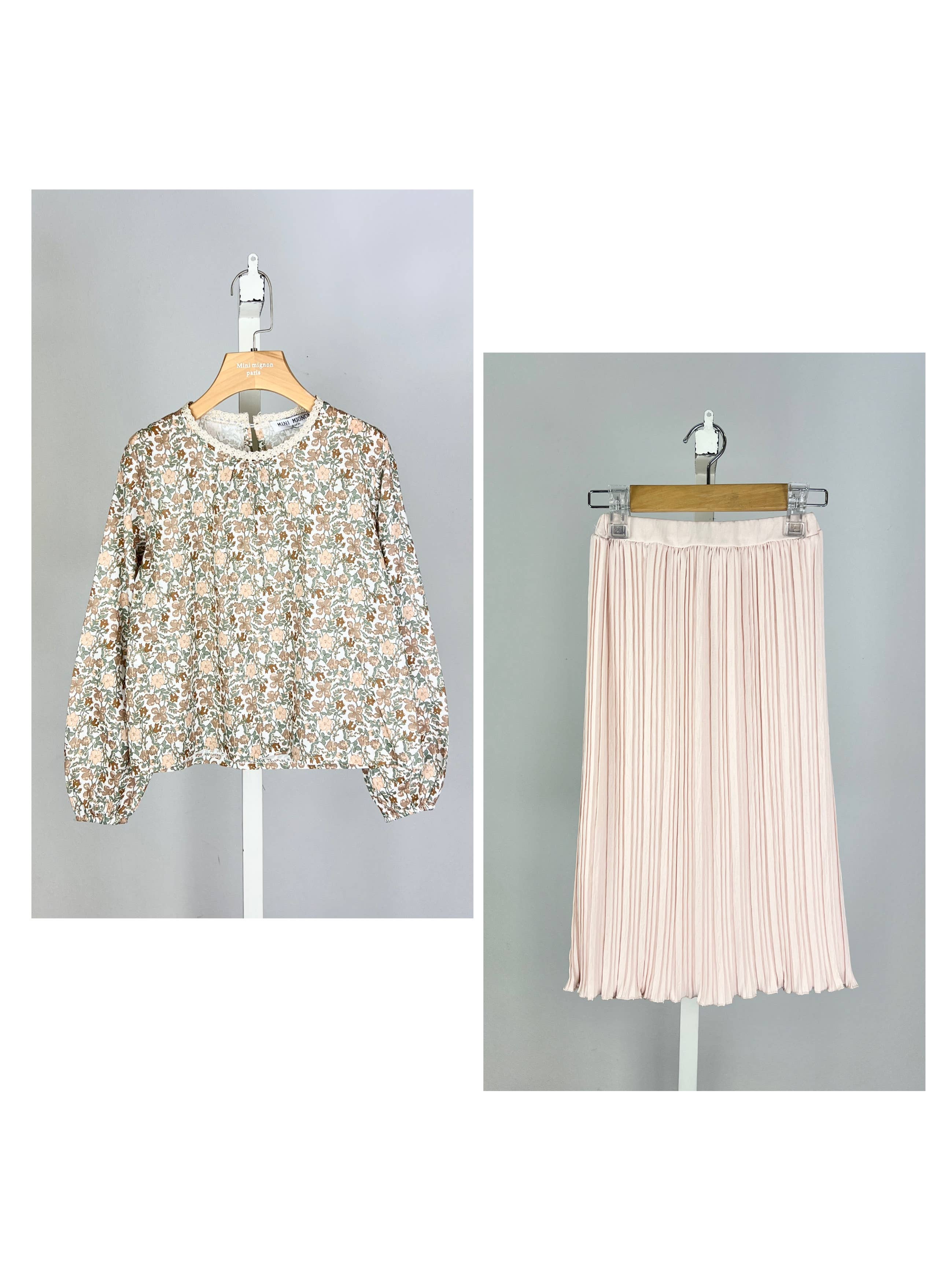 Floral cotton top and pleated skirt set for girl