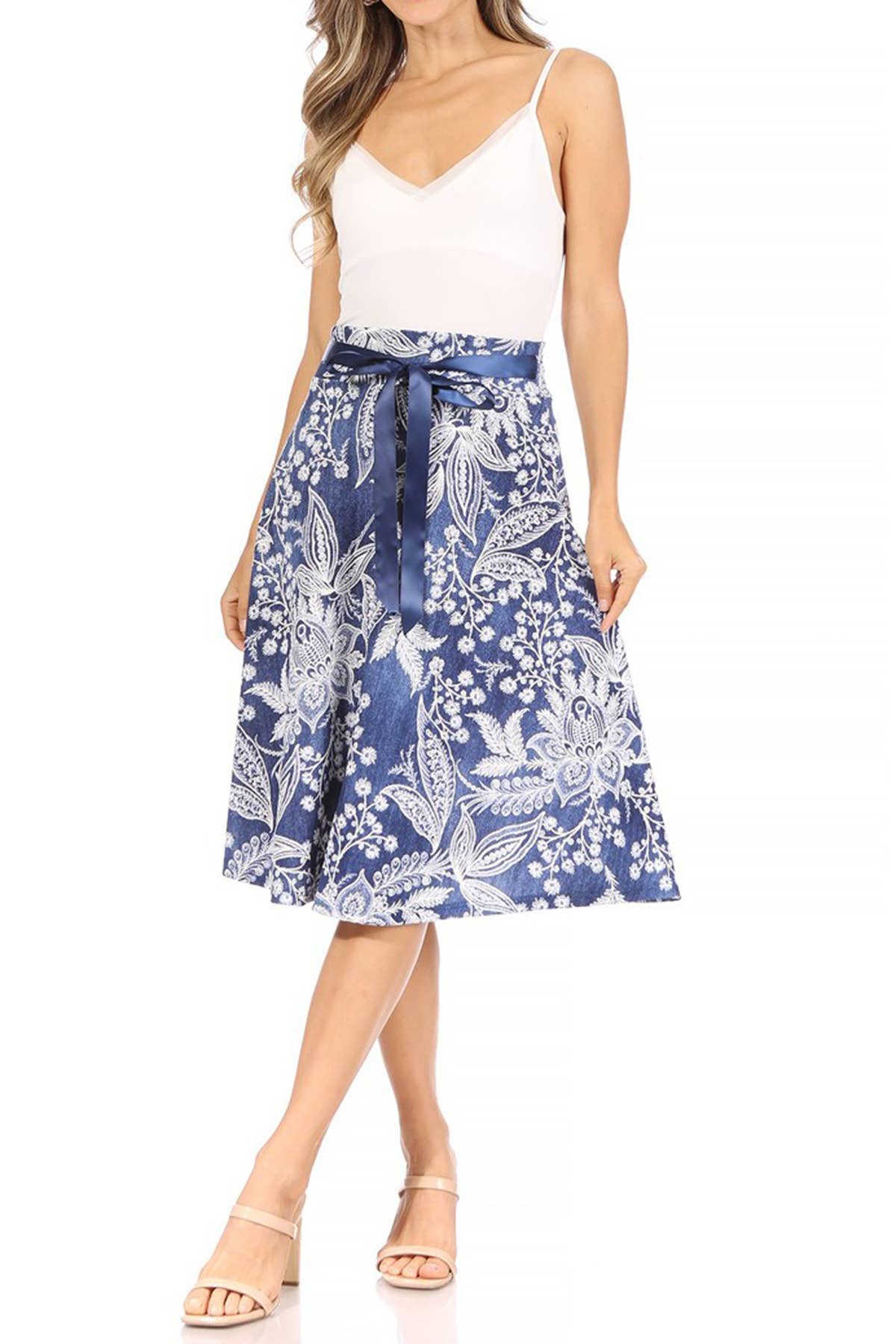Women's Casual Floral Tie Belted Knee Length Midi Skirt