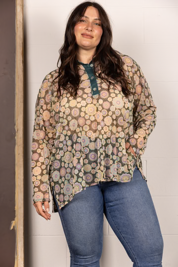 BROWN MANDARIN COLLAR FLORAL PRINT PLUS SIZE TOP T7538