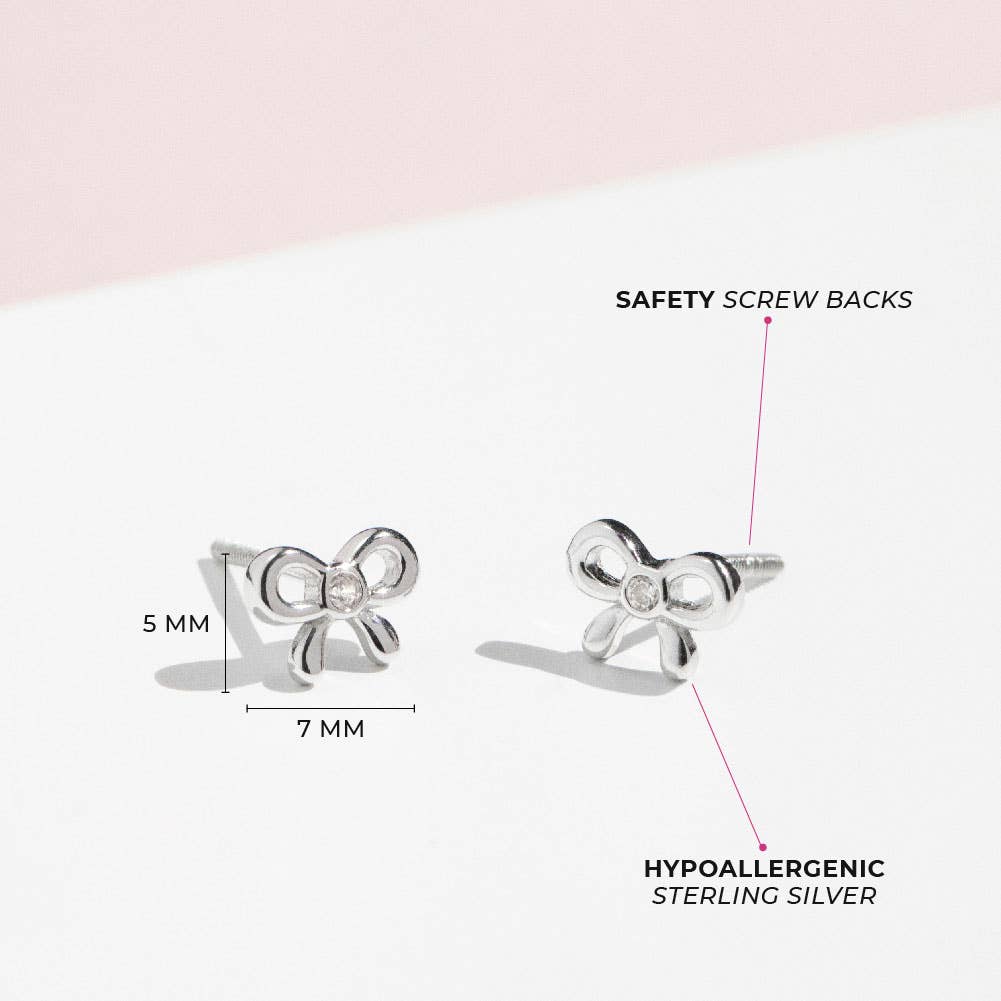 Delicate CZ Bow Baby Toddler Kids Earrings - Sterling Silver