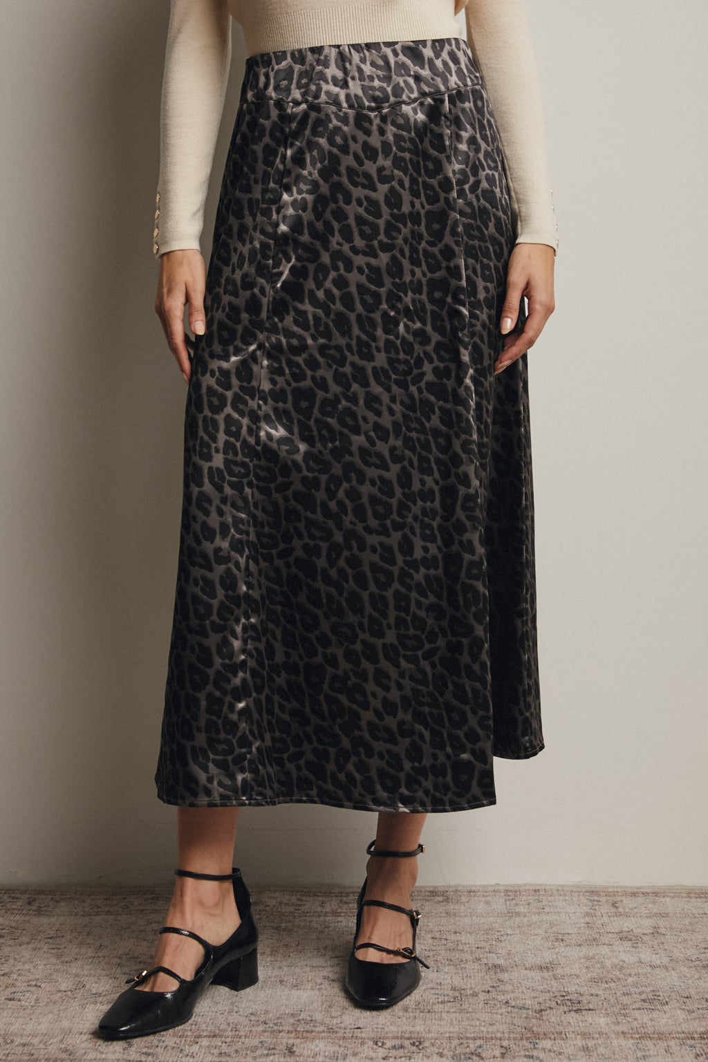 Leopard Print Satin Midi Skirt