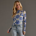 Blue, White & Green Floral Mesh Top