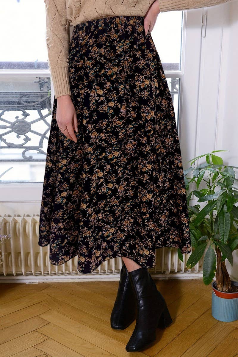 CWBLS0446_LADIES ELEGANT COMMUTER PLEATED FLORAL SKIRT