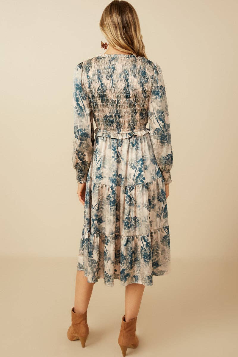 Womens Botanical Print Smocked Bodice Satin Dress