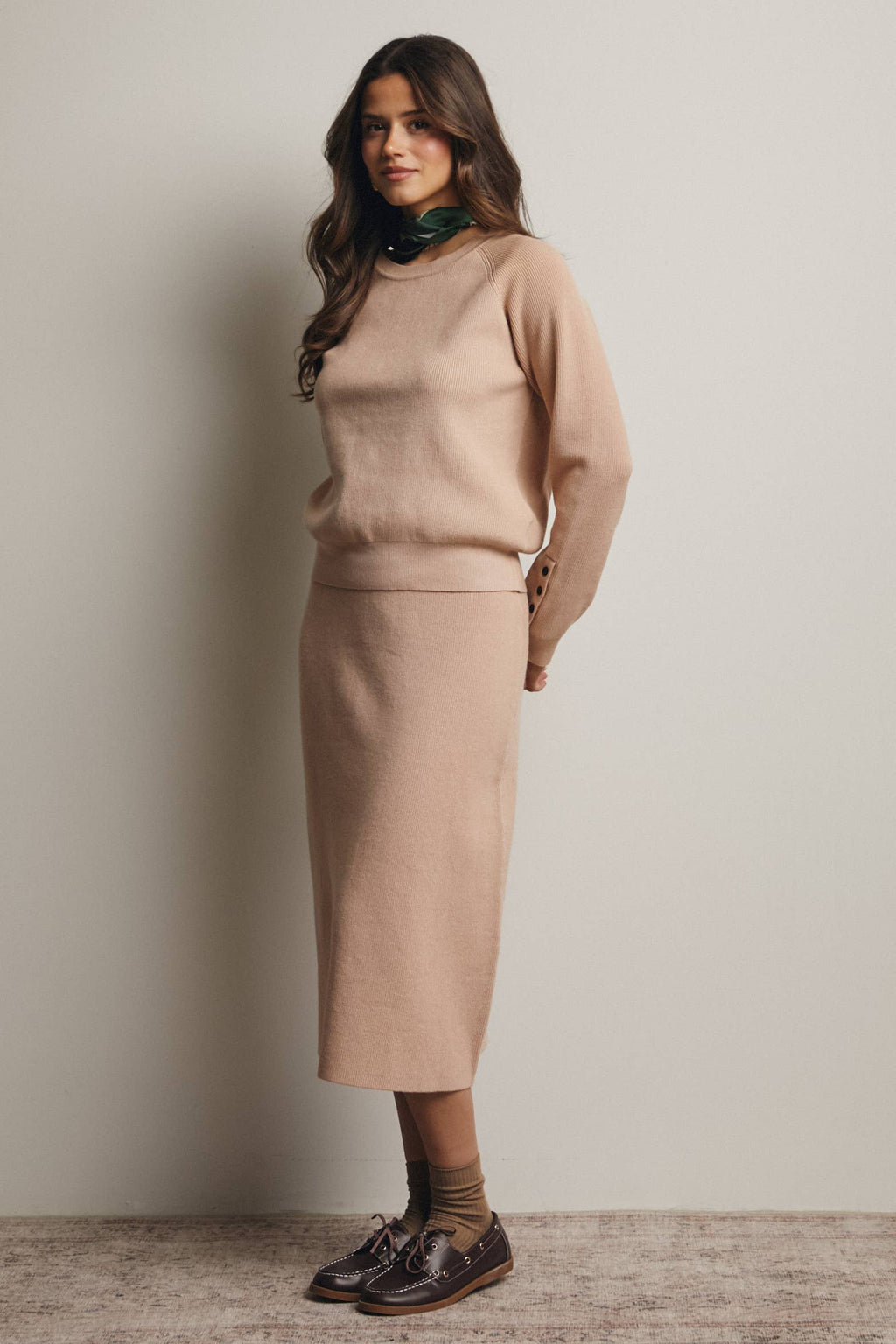 Ribbed Cuff Sweater & Midi Skirt Knit Set FWSET001