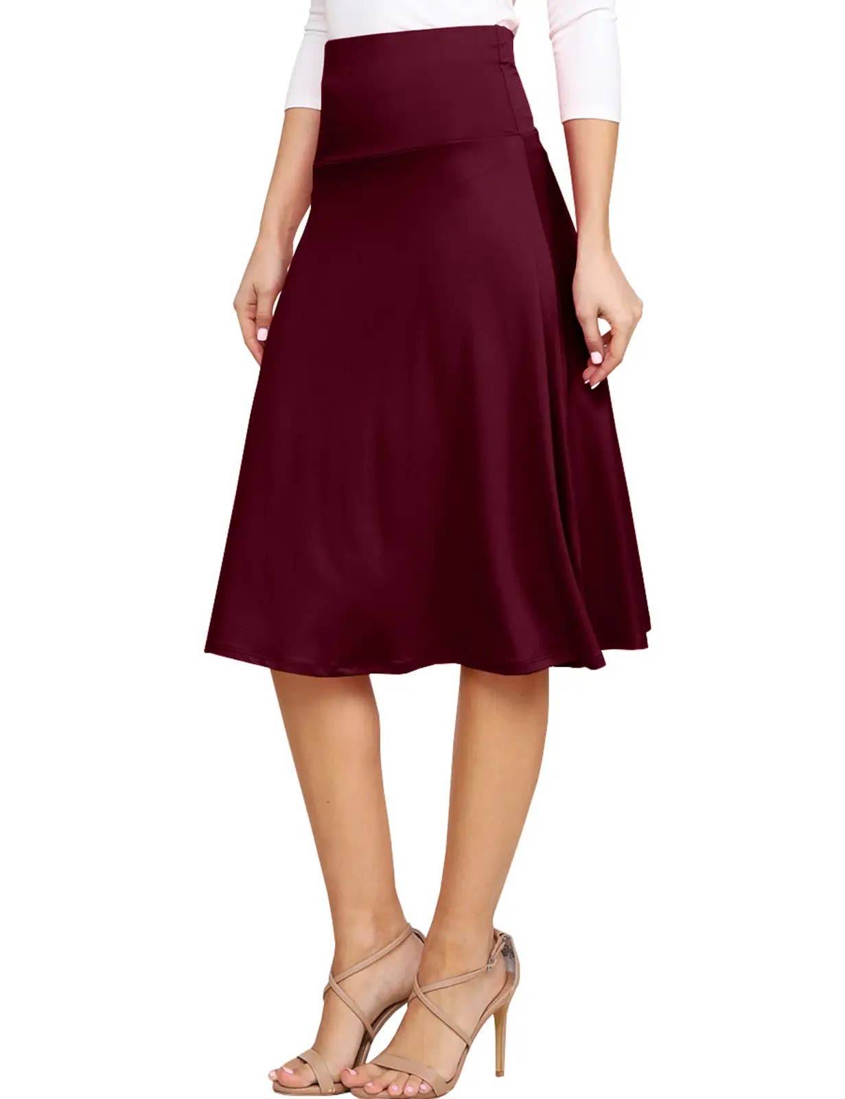 High Waist Stretch Flared Midi Skirt Women_AWBMS204