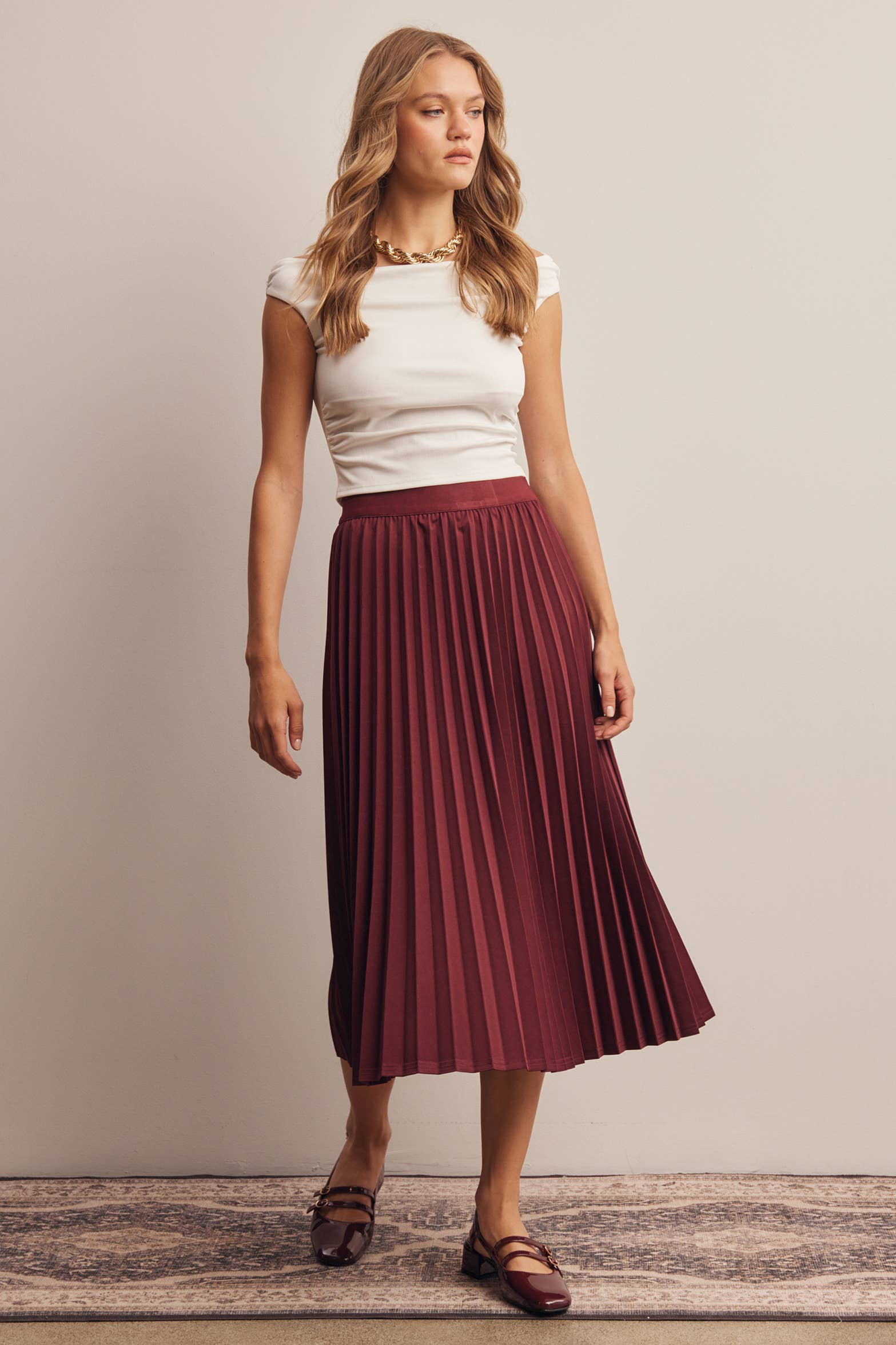 Stretch Pleated Midi Skirt FSK0027
