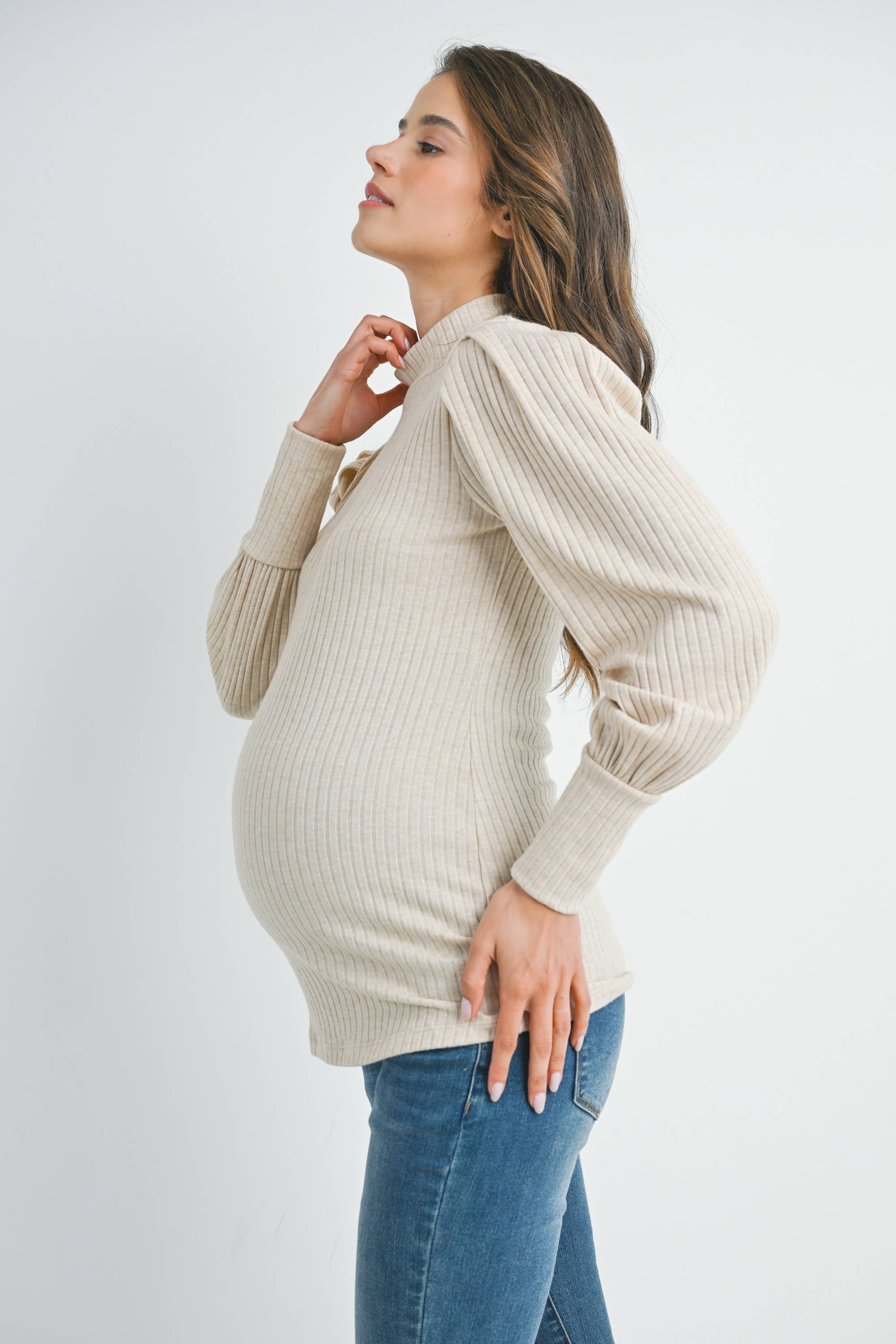 Ribbed Mock Neck Puff Sleeve Maternity Top