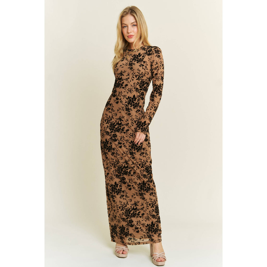 VELVET FLOCKING MAXI MESH DRESS WITH LONG SLEEVE