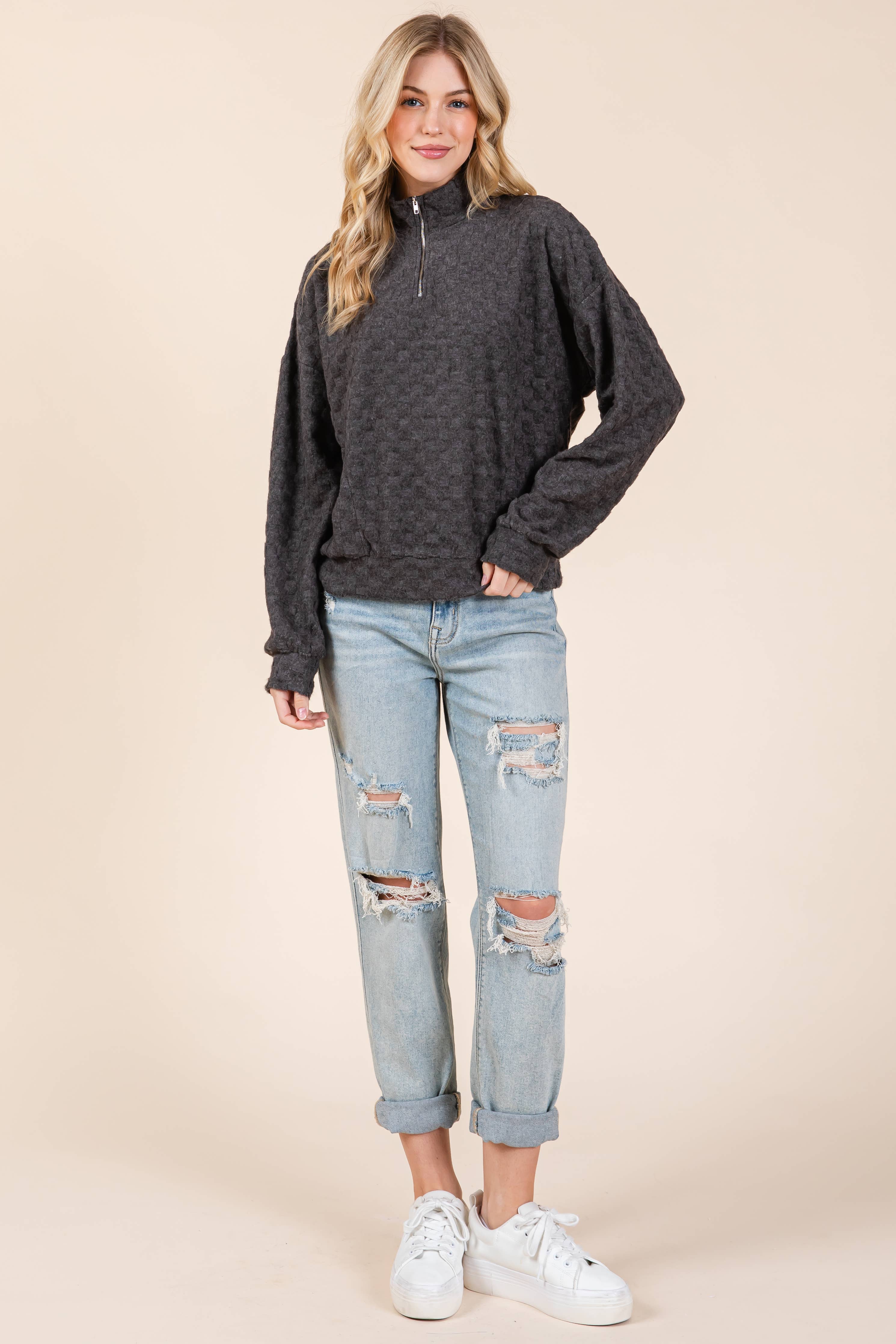 FUZZY CHECKERED 1/4 ZIP TOP