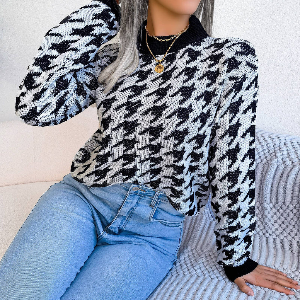 Casual houndstooth pullover knit sweater