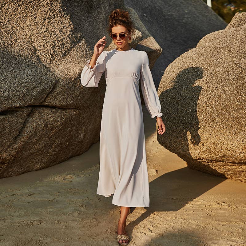 ROUND NECK SOLID COLOR DRESS WITH ELASTIC SLEEVES