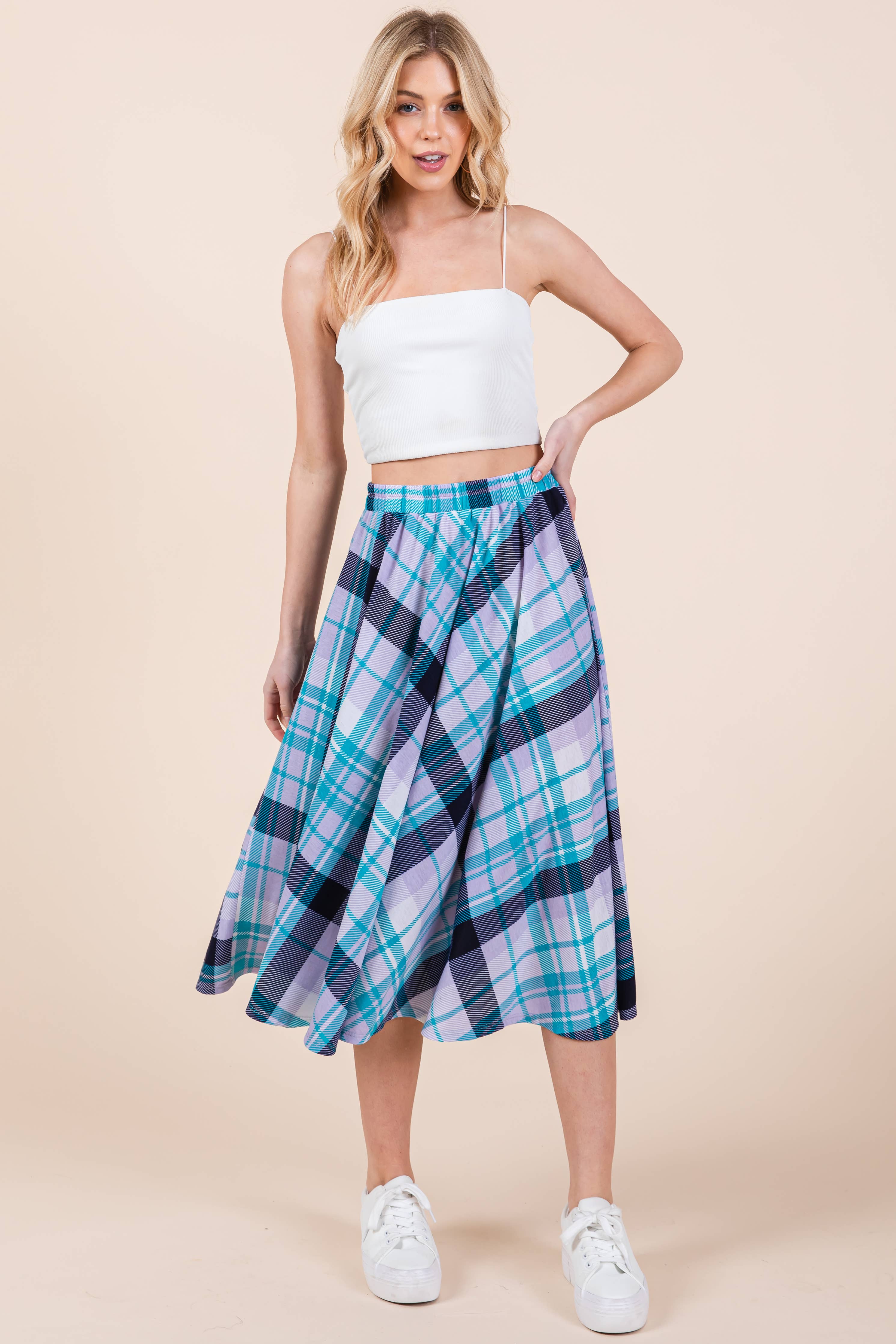 ETS-423AB Plaid T/R Span Midi Skirt