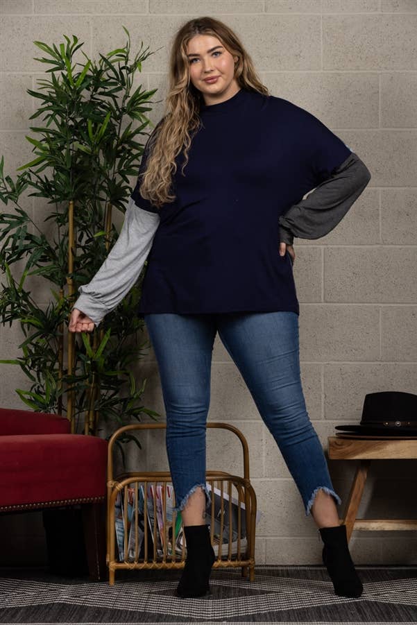 NAVY MULTI PATTERN TURTLENECK LONG SLEEVES TOP PLUS SIZE CT4