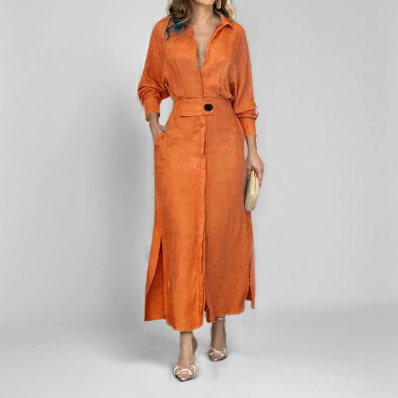 Elegant Button Down Long Sleeve Maxi Dress Casual Chic Style