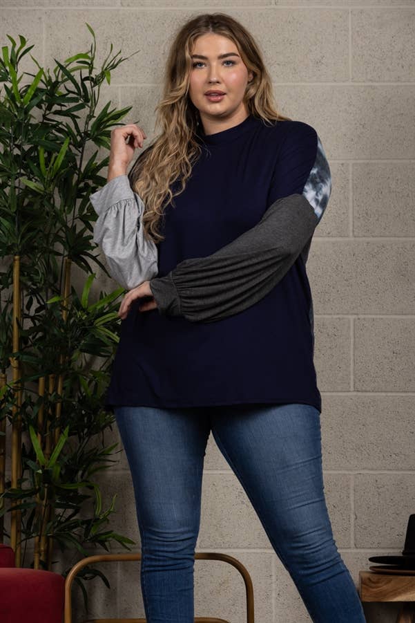 NAVY MULTI PATTERN TURTLENECK LONG SLEEVES TOP PLUS SIZE CT4