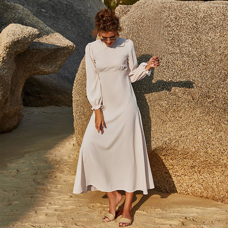 ROUND NECK SOLID COLOR DRESS WITH ELASTIC SLEEVES