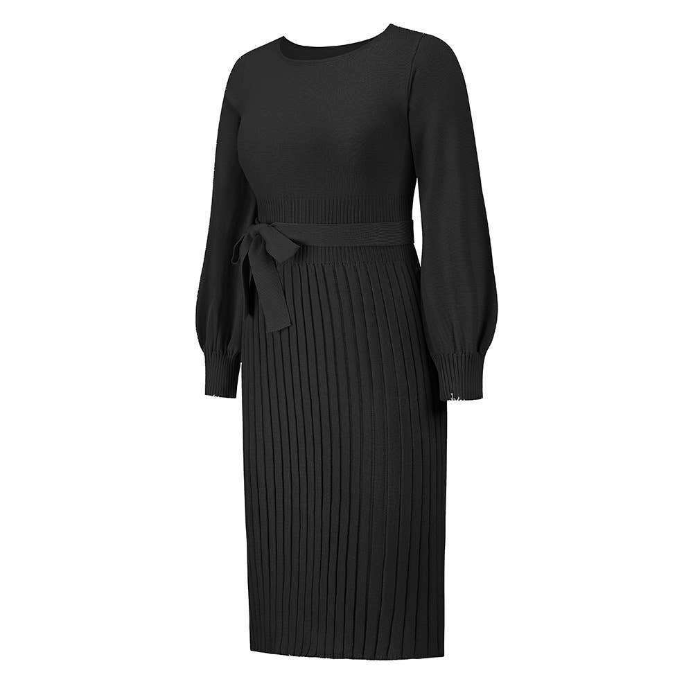 Round-Neck Pleated Midi Sweater Knit Dress