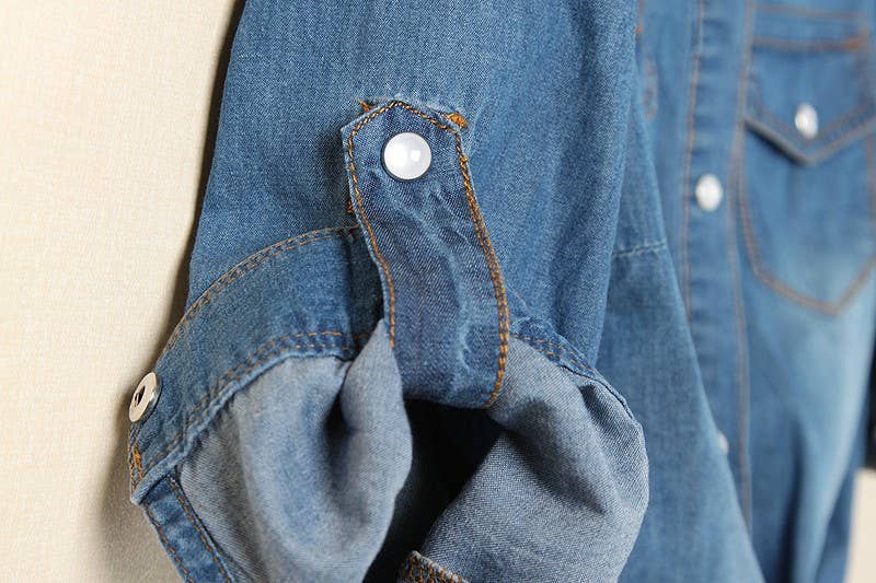 Women's 3/4 Sleeve Denim Navel Tie Shirt Cardigan Top