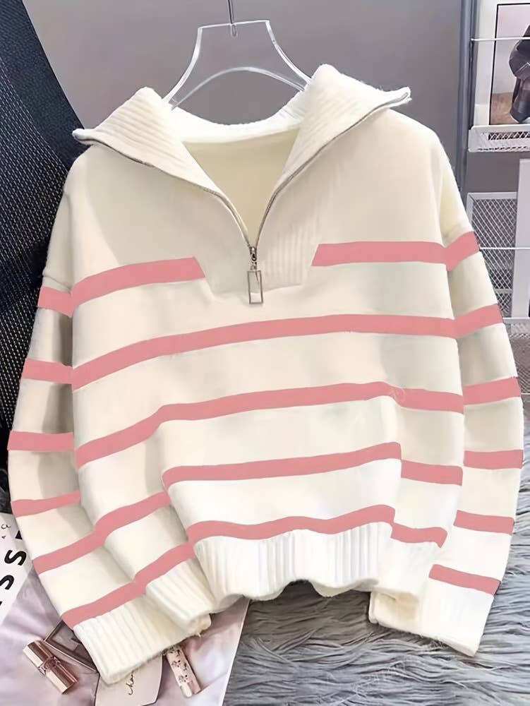 Half zip knit sweatshirt striped sweater