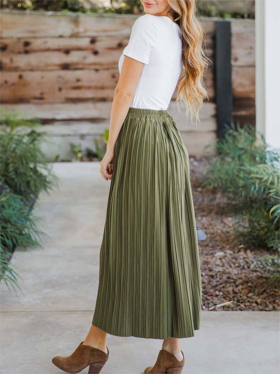 Women's high-waisted solid pleated simple midi A-line skirt