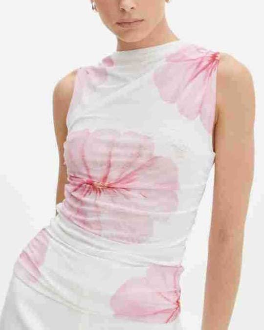 Chic Floral Printed Pleated Slim Mesh Top