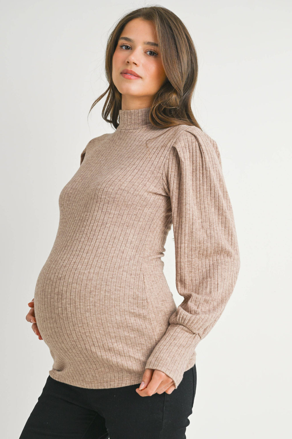 Ribbed Mock Neck Puff Sleeve Maternity Top
