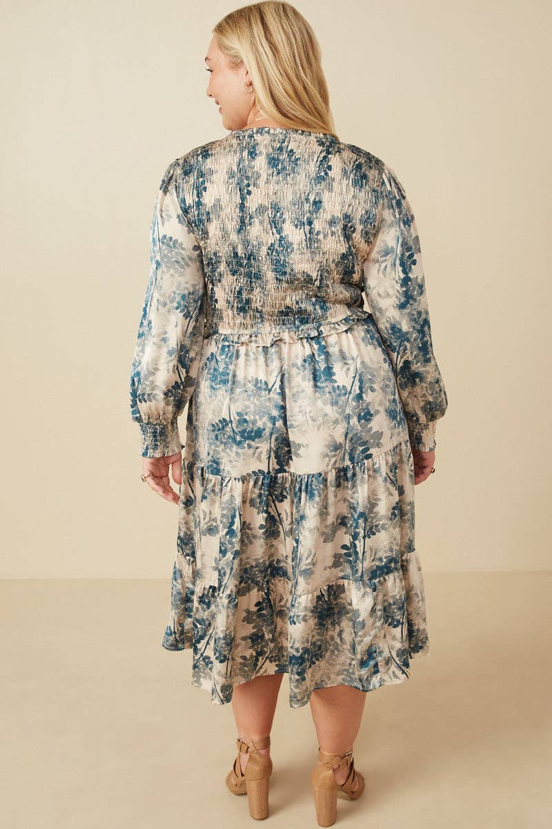 Womens Botanical Print Smocked Bodice Satin Dress